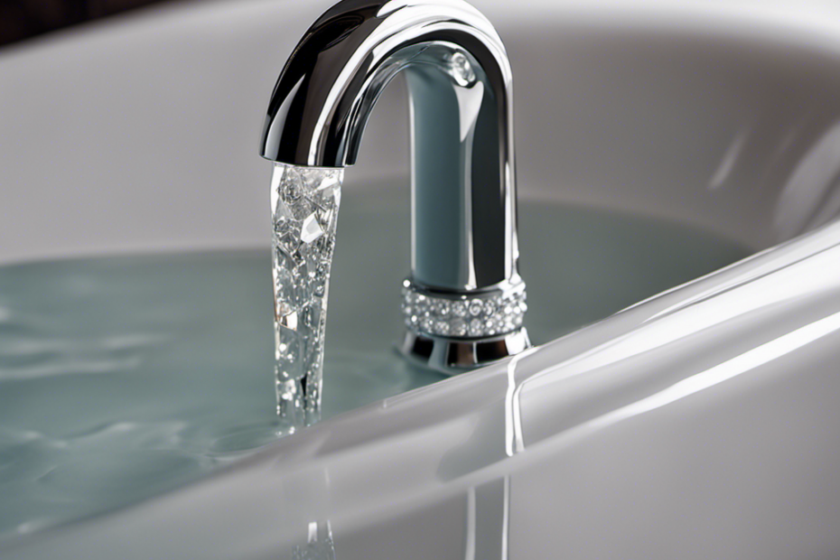 a close-up image of a gleaming silver faucet handle, partially submerged in a pristine bathtub filled with crystal-clear water
