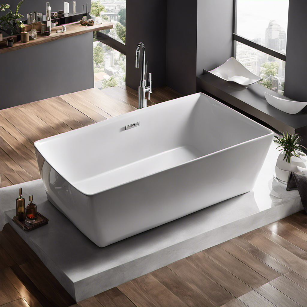 An image capturing the essence of a bathtub's size: a spacious, rectangular ceramic vessel adorned with gleaming chrome fixtures, glistening water gently cascading into its depths, inviting relaxation and comfort