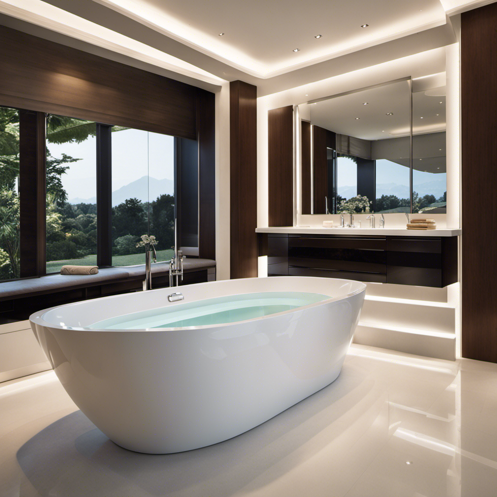 An image showcasing a spacious, rectangular bathtub with sleek, curved edges, offering ample legroom and comfortably accommodating two adults