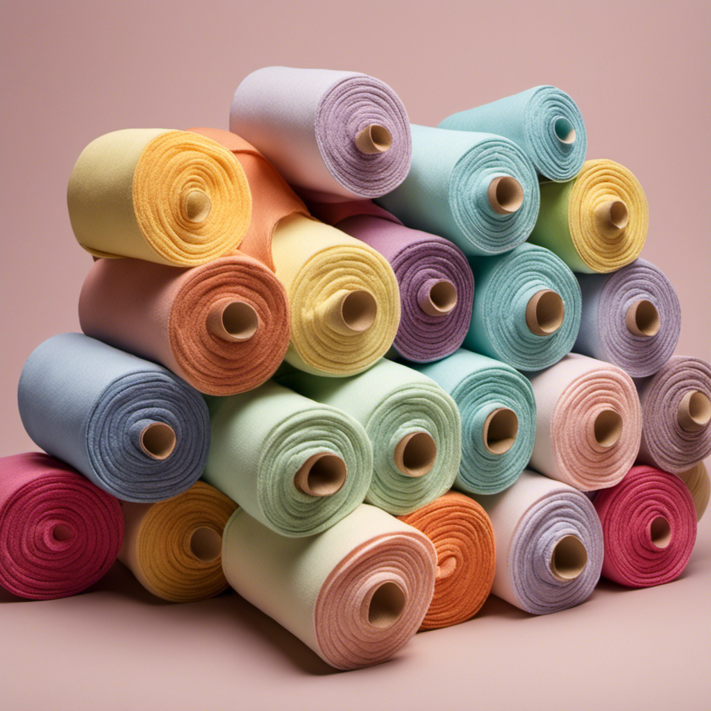 An image showcasing a stack of plush, cloud-like toilet paper rolls in varying pastel hues