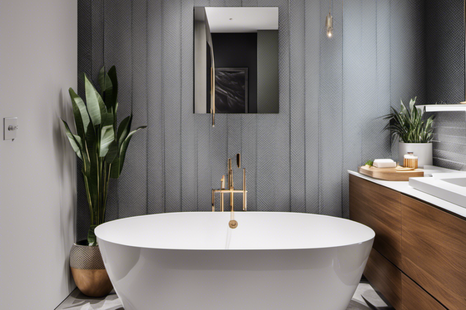 An image showcasing a spacious bathroom with a sleek, white, rectangular bathtub positioned against a tiled wall