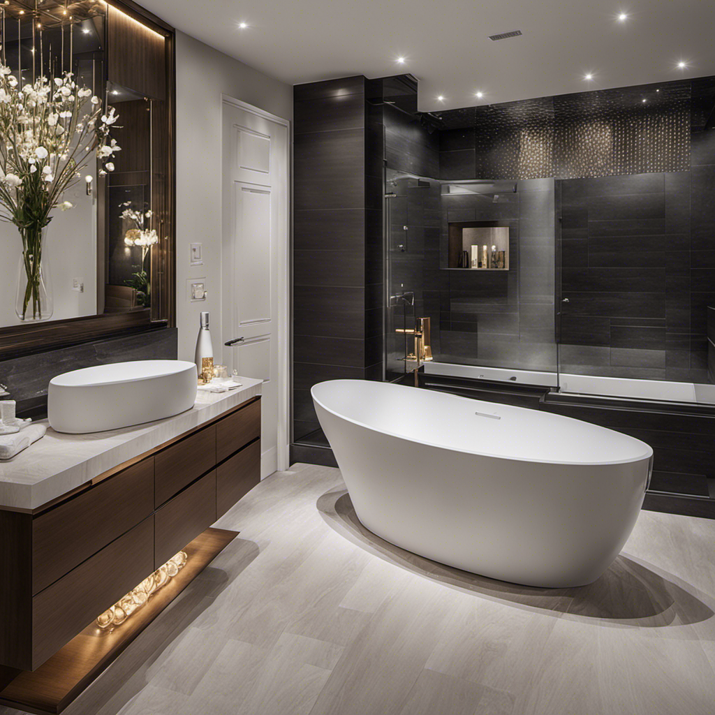 An image showcasing a spacious bathroom with a sleek, rectangular bathtub measuring 60 inches long, 30 inches wide, and 20 inches deep, perfectly complemented by elegant tiles and modern fixtures