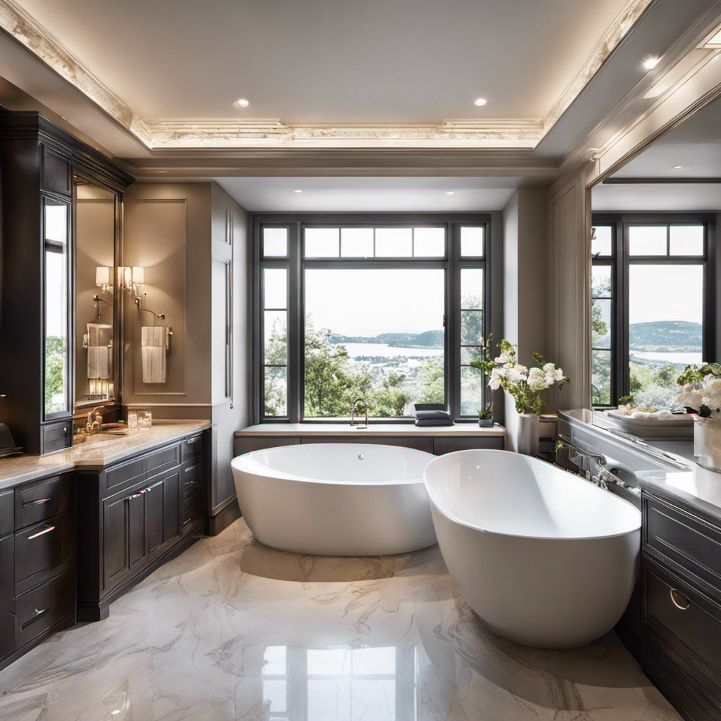 An image showcasing a spacious bathroom with a luxurious corner bathtub
