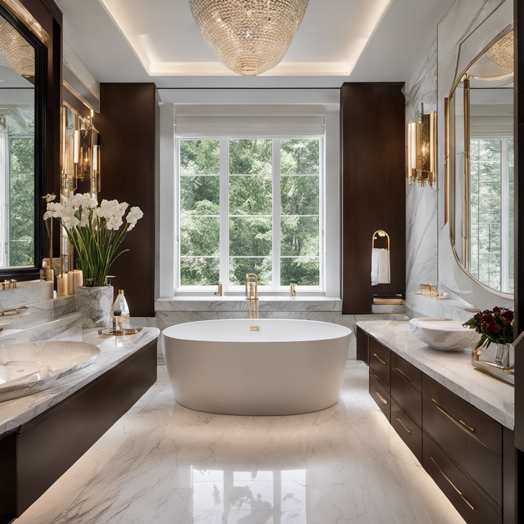 An image that showcases a spacious bathroom with a luxurious, oval-shaped bathtub surrounded by sleek, marble tiles, highlighting the perfect standard size of a bathtub for ultimate relaxation