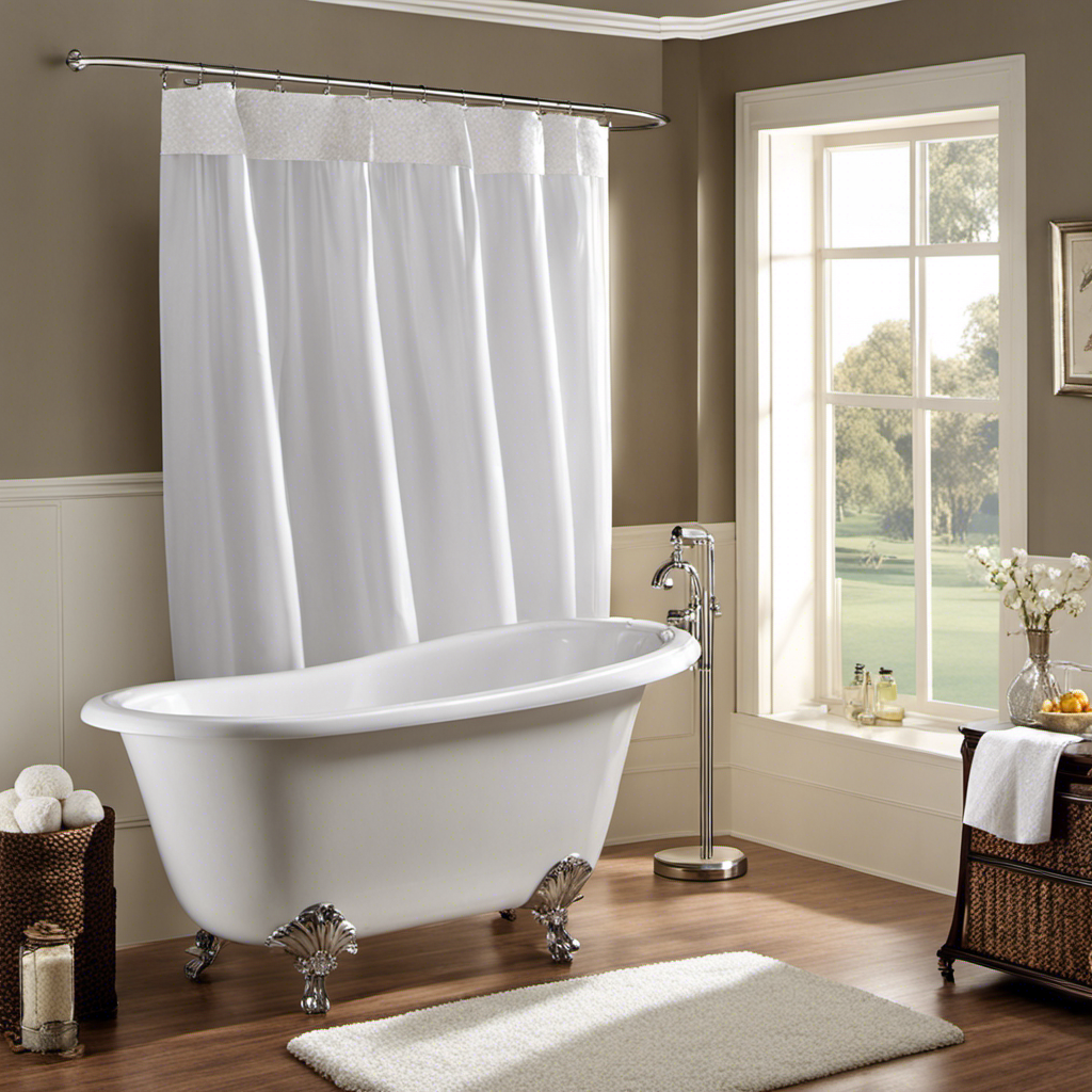 An image showcasing a pristine white bathtub adorned with a perfectly fitting shower curtain