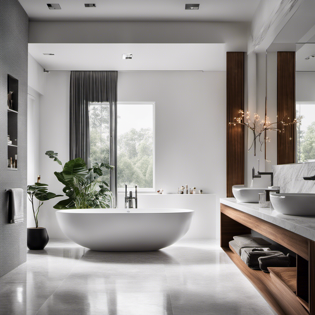 An image showcasing a spacious bathroom scene with a sleek, white freestanding bathtub as the focal point