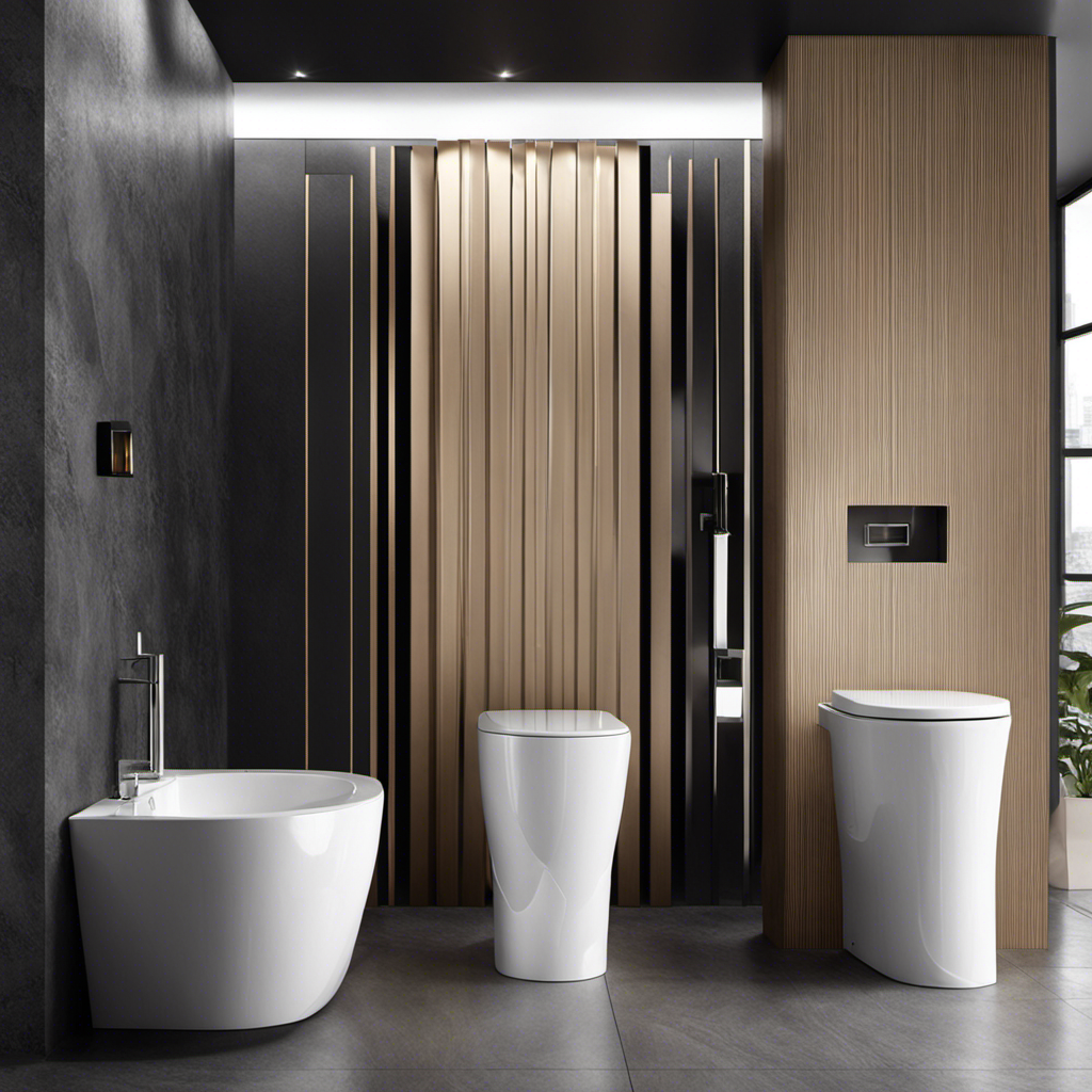 An image depicting a luxurious bathroom setting with a modern, sleek, and elongated toilet
