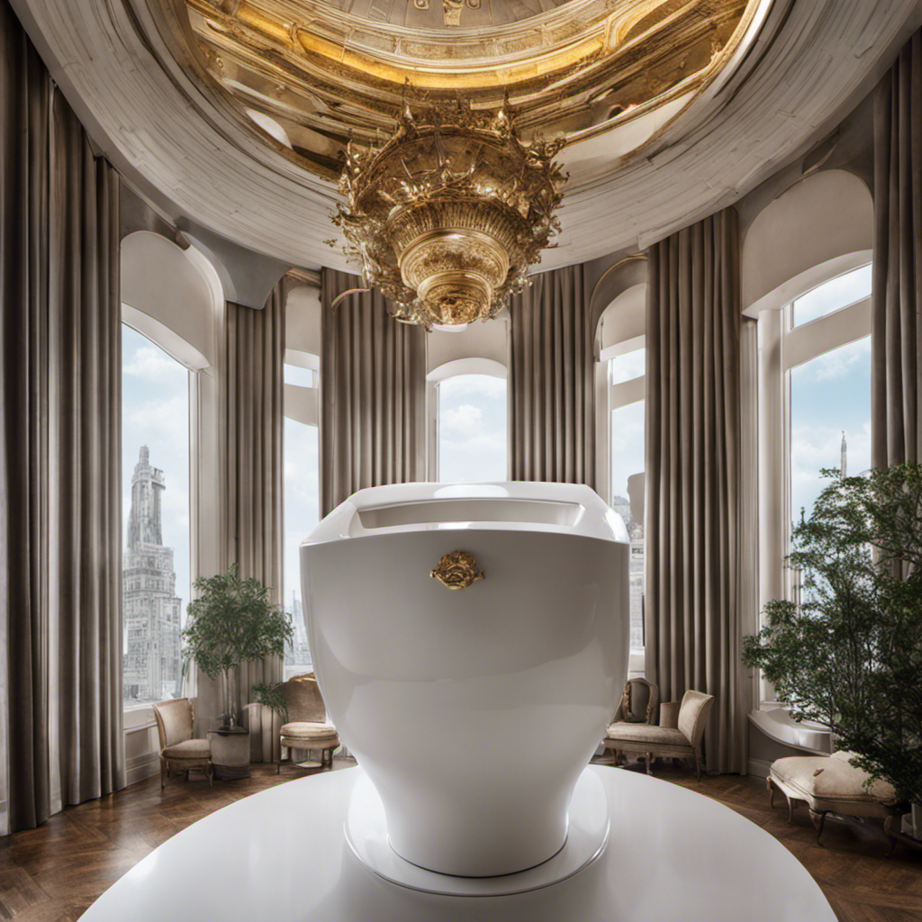 An image of a towering toilet, reaching towards the sky, with a colossal, gleaming porcelain bowl