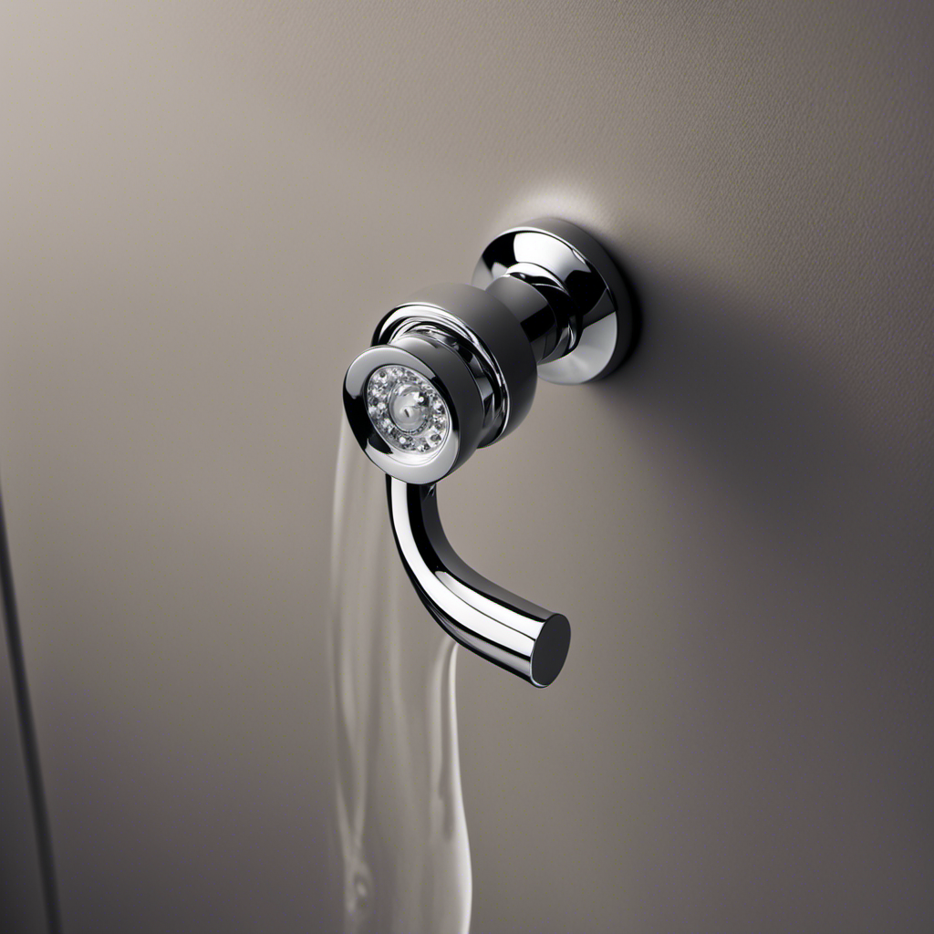 An image of a close-up shot capturing the sleek, chrome handle of a toilet flusher