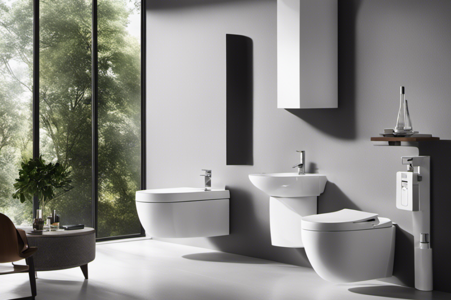 An image of a modern bathroom with a sleek, white toilet