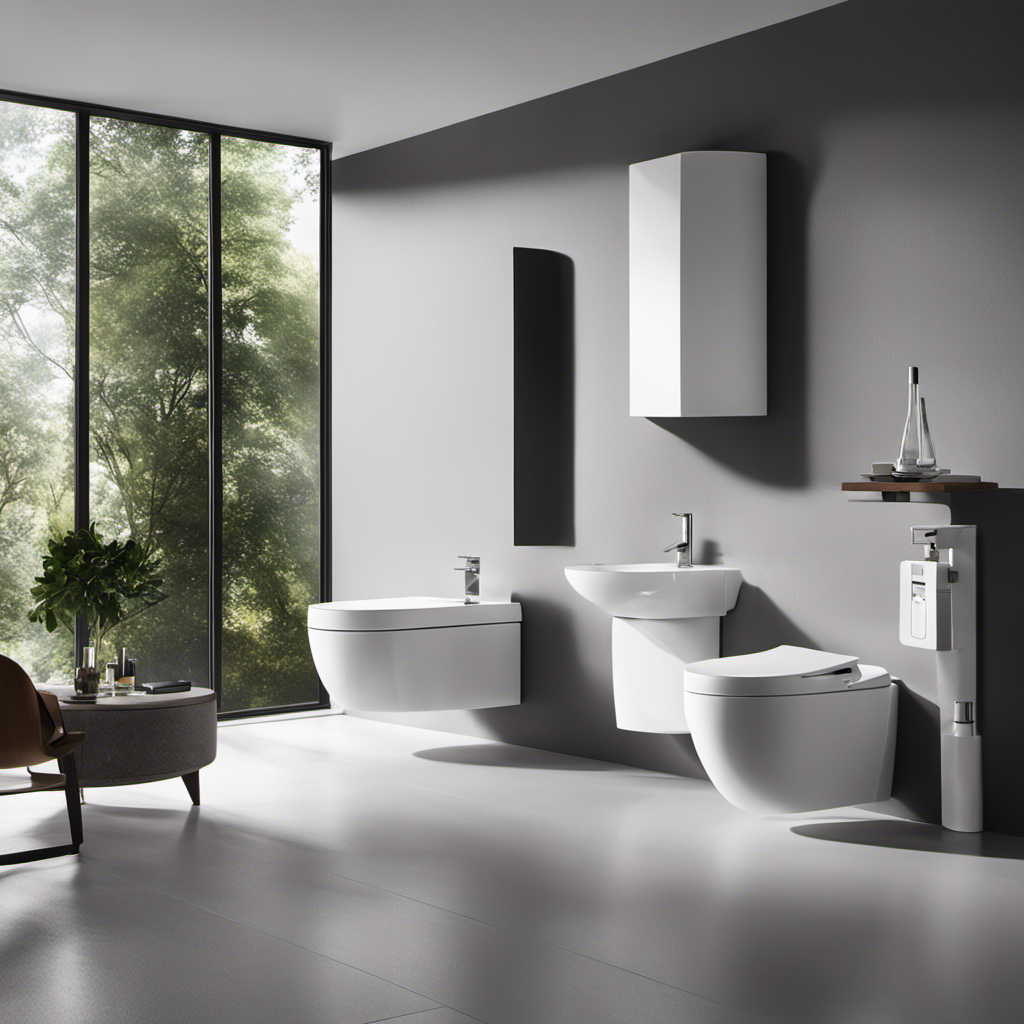 An image of a modern bathroom with a sleek, white toilet