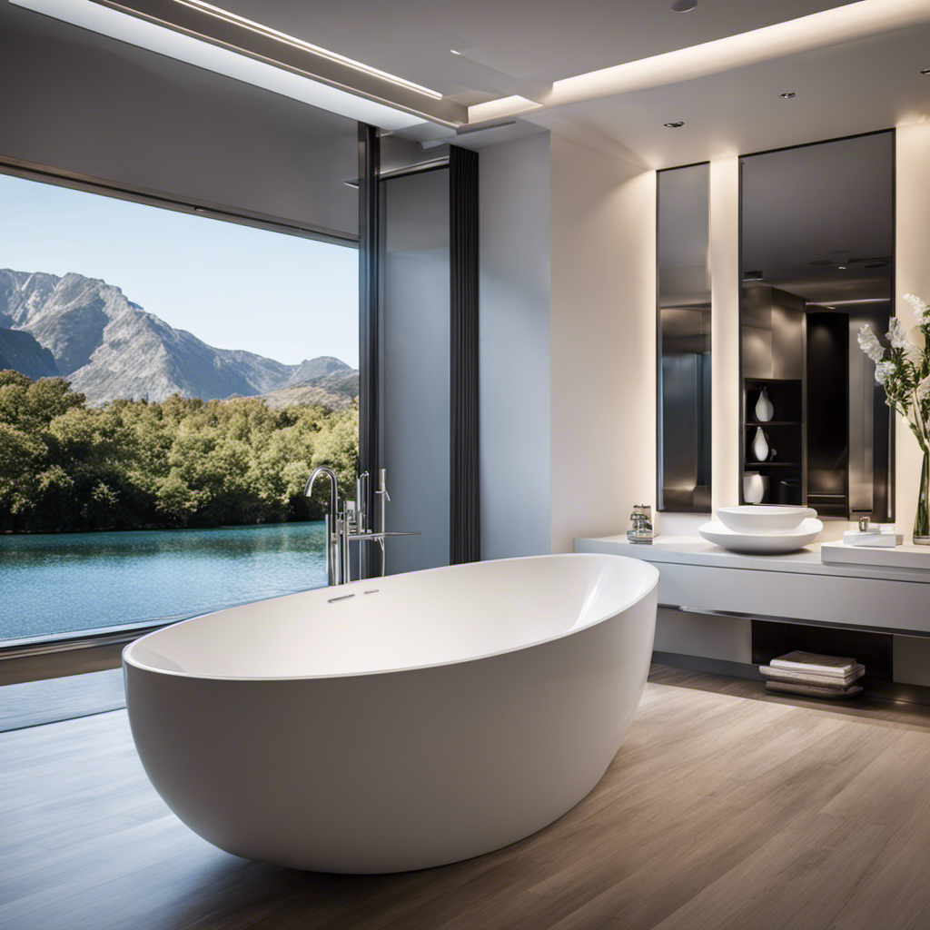 An image showcasing a sleek, white bathtub filled to the brim with water, highlighting its depth and curved edges