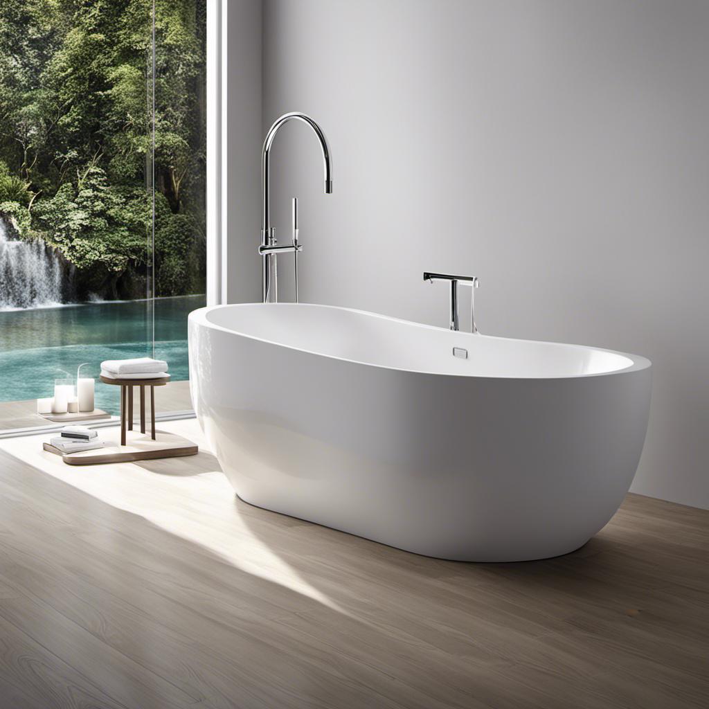 An image showcasing a spacious, rectangular bathtub with sleek, curved edges and a glossy, white porcelain finish