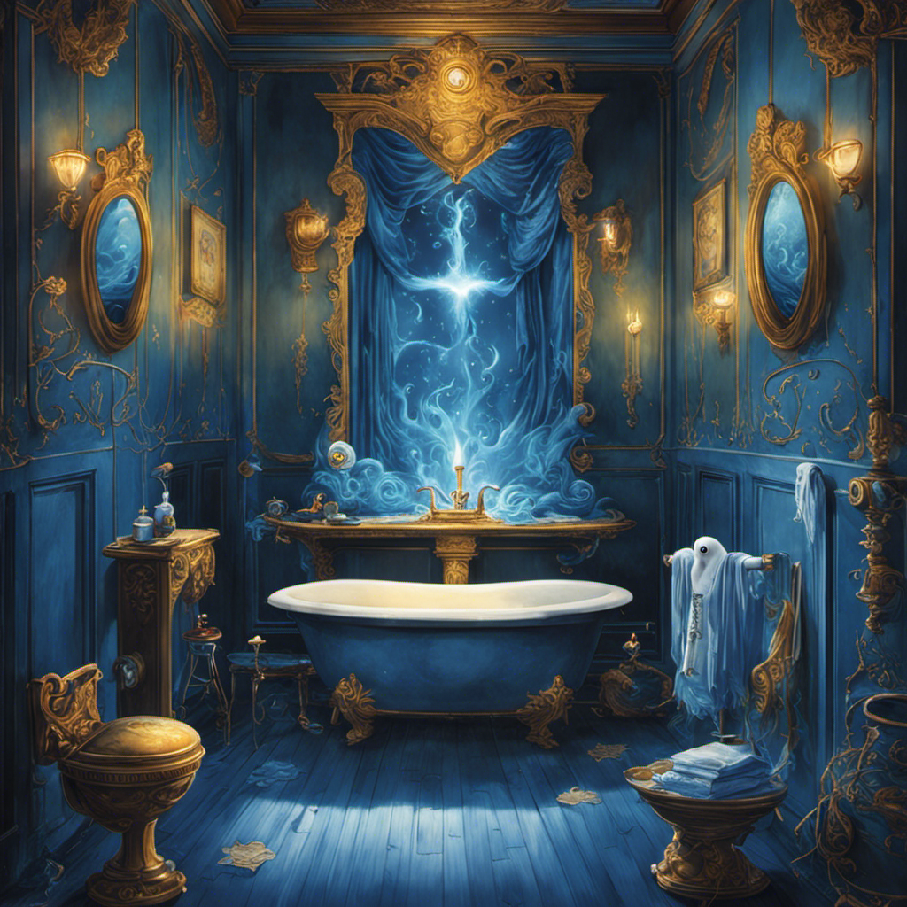 An image showcasing a whimsical, haunted school bathroom, where a mischievous ghost boy named Hanako lurks, surrounded by ethereal blue flames and holding a magical golden key, emblematic of his enigmatic powers