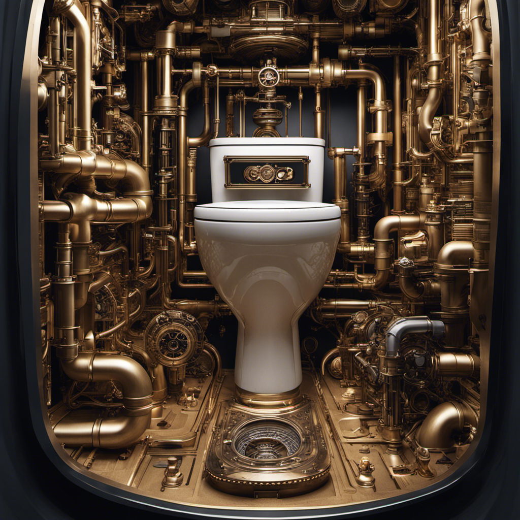 An image showcasing the inner workings of a toilet, capturing the intricate network of pipes, valves, and mechanisms that make up the toilet rough-in