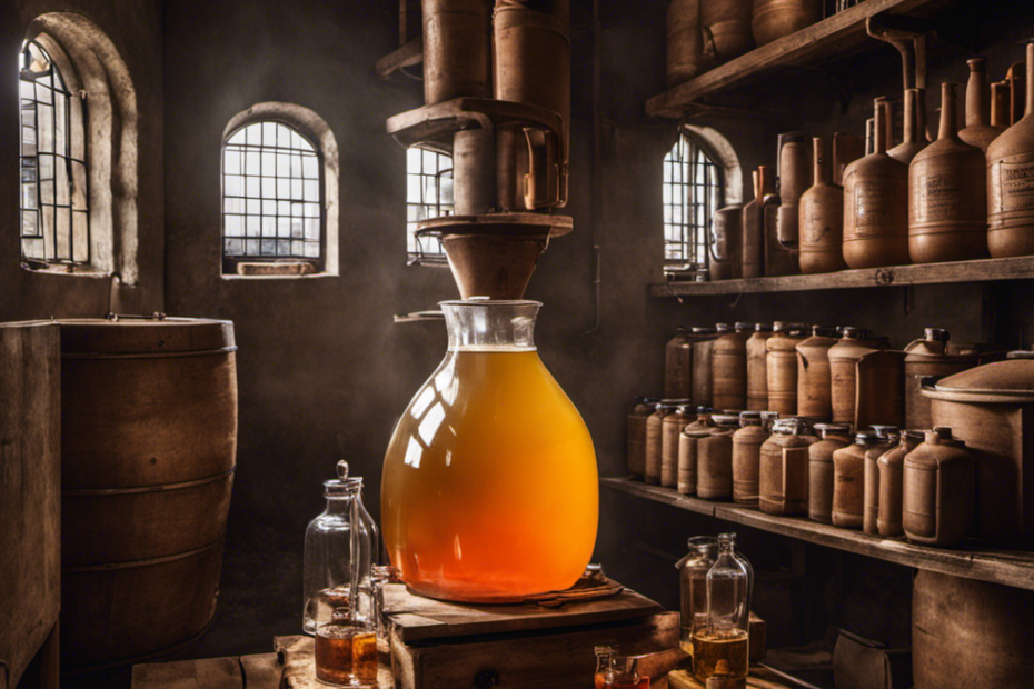 An image showcasing the intricate process of brewing toilet wine: a makeshift distillery formed from a hidden concoction of fruit, sugar, water, and yeast, fermenting clandestinely in a plastic bag hidden amongst prison toiletries