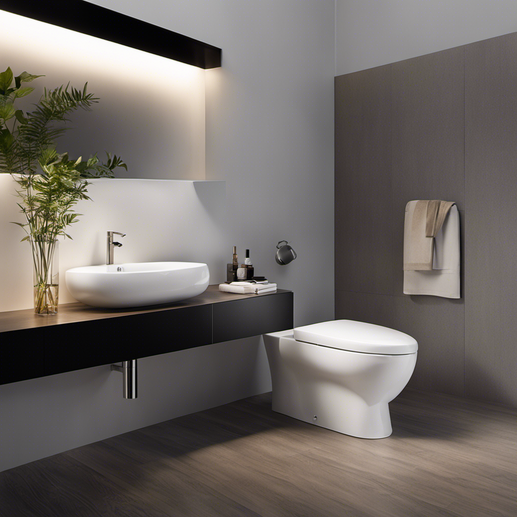 An image capturing the elegance of a modern toilet: a sleek porcelain bowl with a gently curved seat, accompanied by a streamlined tank seamlessly attached to the wall, emanating cleanliness and comfort