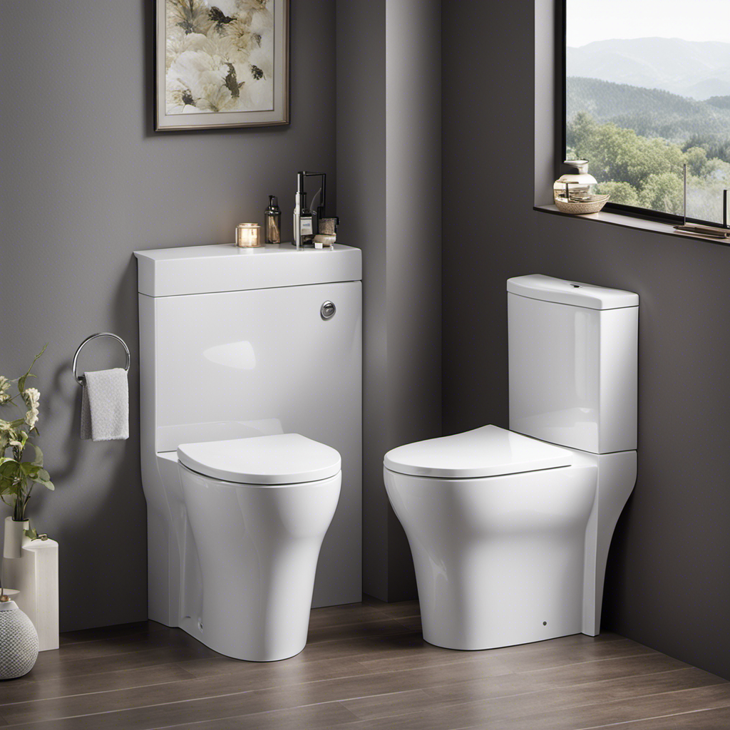 An image showcasing a spacious bathroom with a sleek, modern universal height toilet