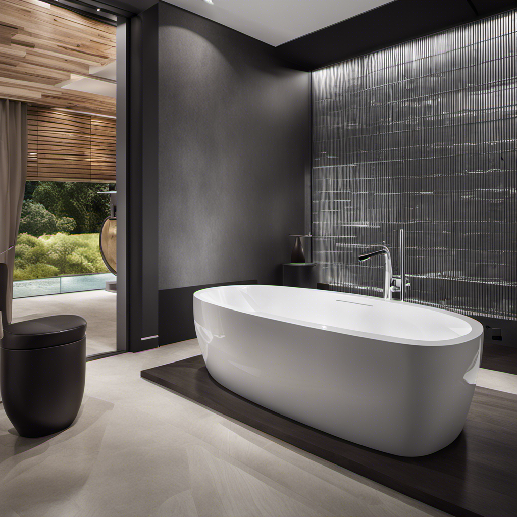 An image of a sleek, modern bathroom with a Watersense toilet as the focal point
