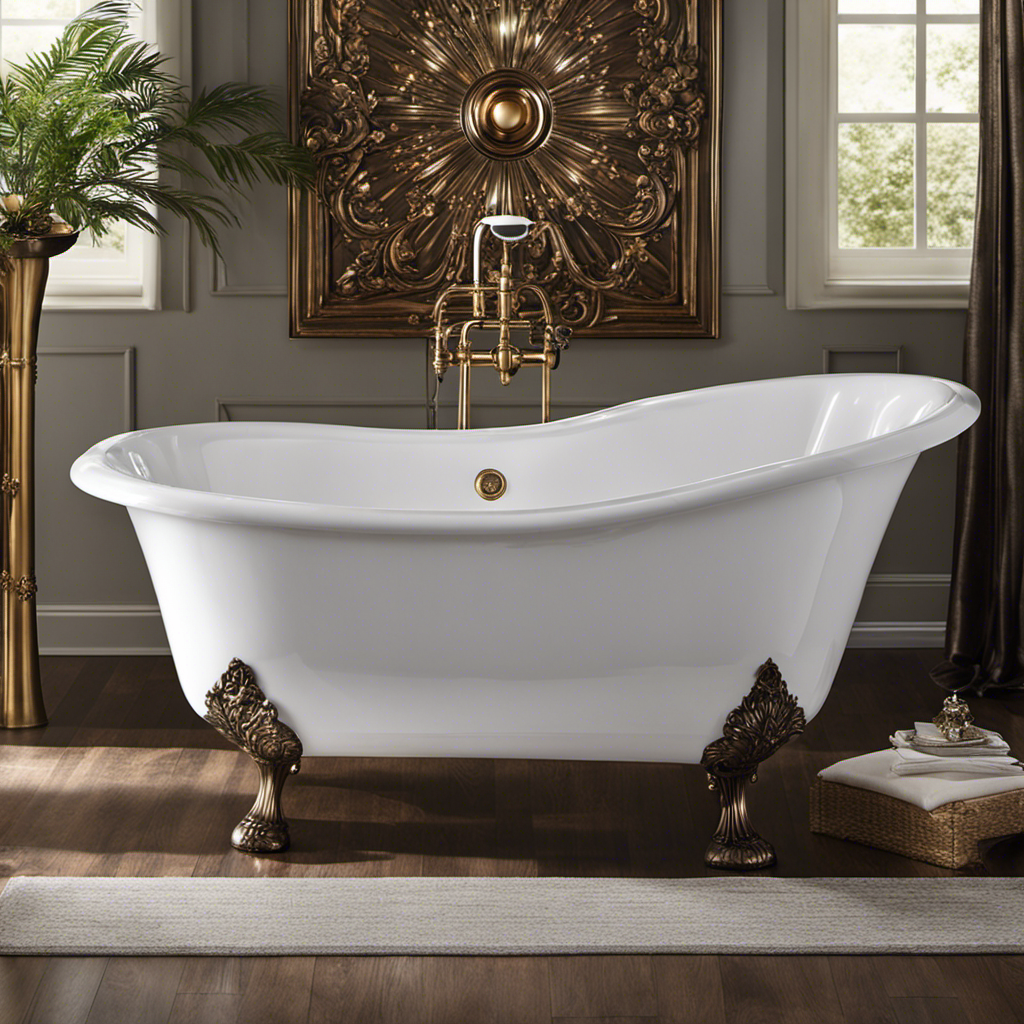 An image showcasing a luxurious, freestanding clawfoot bathtub, adorned with intricate, vintage-inspired bronze fixtures