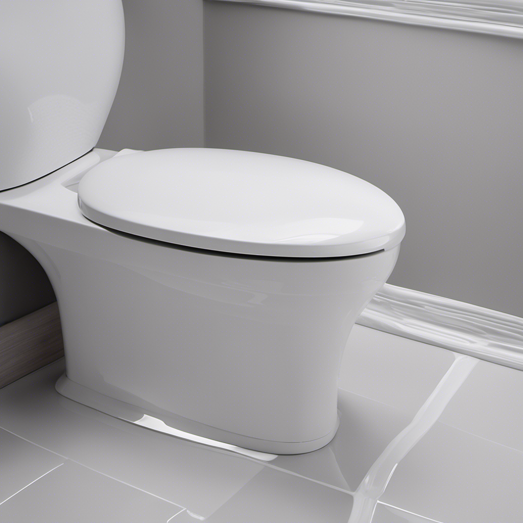 An image showcasing a close-up of a neatly applied bead of white silicone caulk, expertly sealing the gap between a shiny porcelain toilet base and the tiled floor, ensuring a watertight and seamless finish