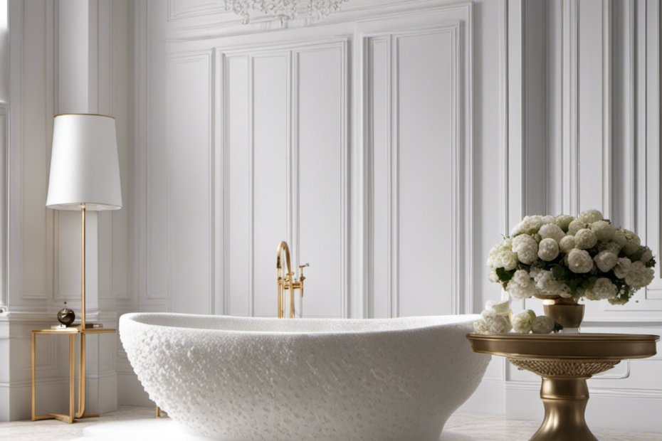 An image of a bathtub filled with luxurious, thick white foam that overflows onto the surrounding floor