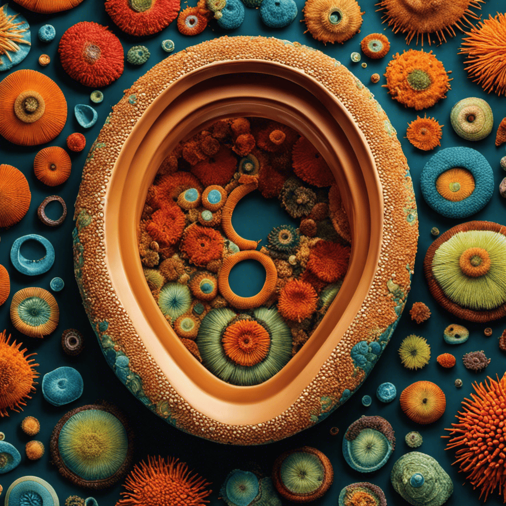 An image capturing a close-up of a toilet seat, showcasing various microorganisms in vivid detail