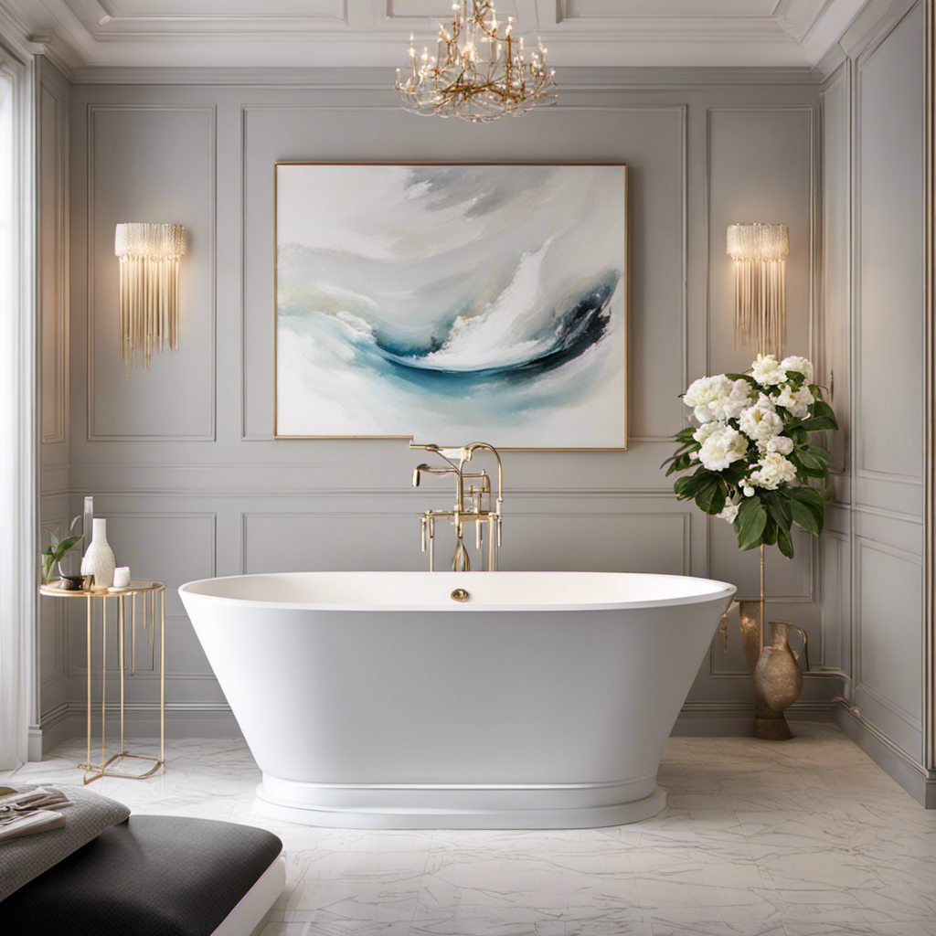 An image showcasing a pristine white bathtub, glistening under the soft bathroom lights