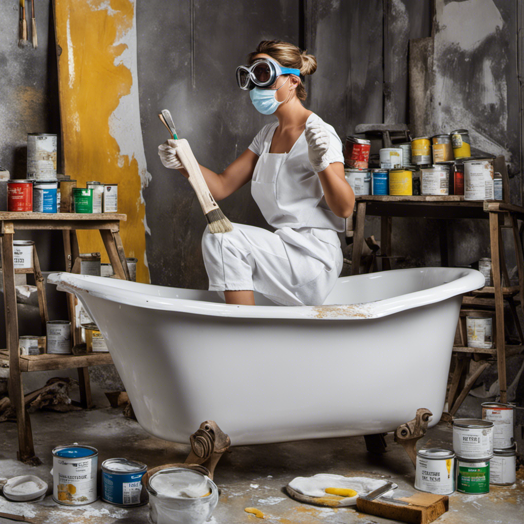 An image showcasing a woman wearing protective goggles and a face mask, delicately applying a glossy, white epoxy paint to a worn-out bathtub with a brush, surrounded by neatly arranged paint cans and brushes