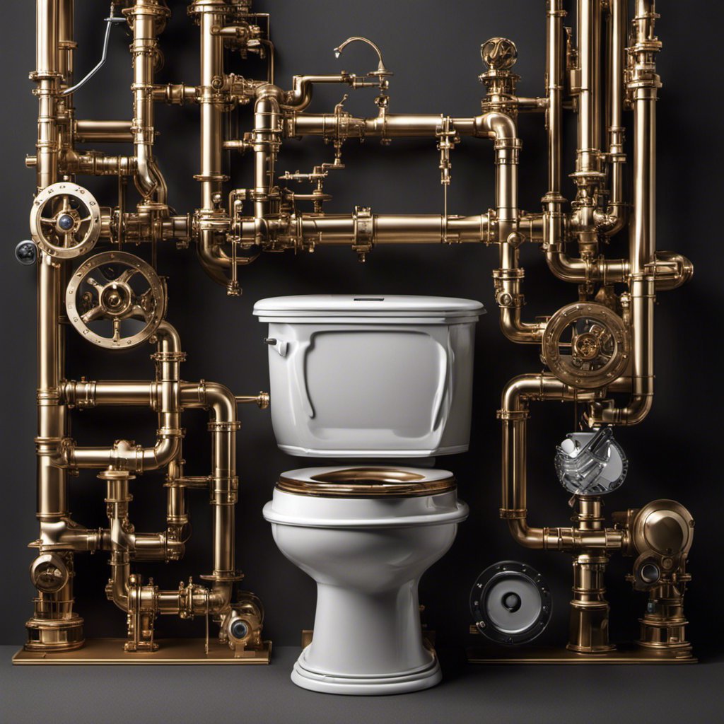 An image showcasing the intricate inner workings of a toilet: a network of pipes, a flushing mechanism, a water tank, and a float valve, all elegantly displayed to illustrate the mechanics behind a running toilet