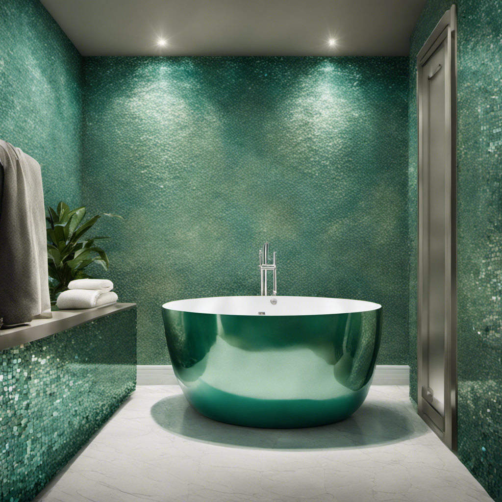 An image showcasing a close-up of your bathtub's texture and color, revealing intricate mosaic tiles in shades of sea foam green and iridescent pearl, giving a luxurious and serene feel to the space