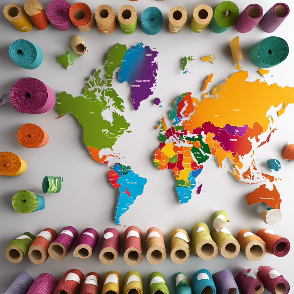 An image showcasing a diverse global map, where each region is represented by colorful toilet paper rolls according to the percentage of its population that uses toilet paper