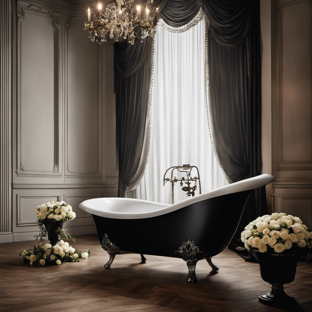 An image capturing a vintage clawfoot bathtub surrounded by elegant curtains, adorned with flowers and draped with a somber black ribbon