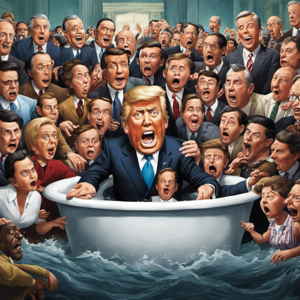 An image capturing a comical and exaggerated scene of a president trapped in a bathtub, struggling to escape, surrounded by a crowd of concerned onlookers, their expressions a mix of surprise, confusion, and amusement