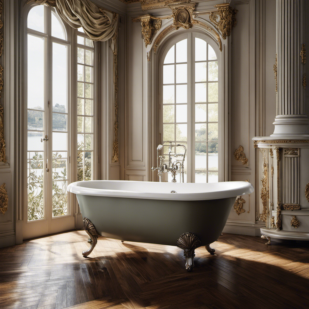 An image showcasing a vintage-style bathtub, complete with claw feet, positioned in the center of a grand, ornate room