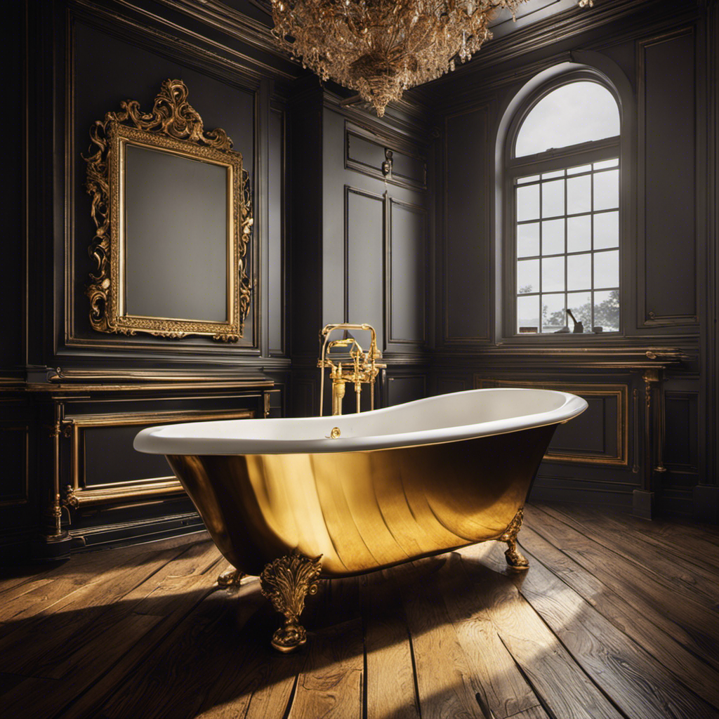 An image showcasing a large, vintage-style bathtub with ornate golden fixtures, partially submerged in water