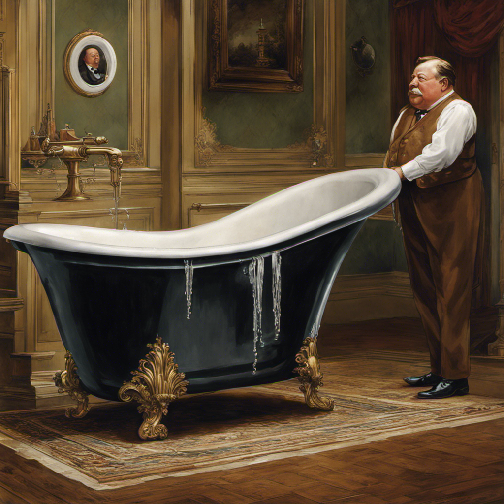 An image depicting a historic bathroom mishap: President Taft, rotund and tall, awkwardly wedged in a bathtub, water spilling over its sides, his face displaying a comical mix of surprise and embarrassment