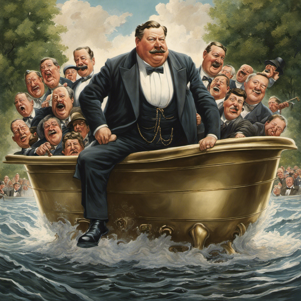 An image capturing the comical mishap of President William Howard Taft, wedged in a bathtub, showcasing his stout figure, with frantic onlookers struggling to free him, as water spills over the edges