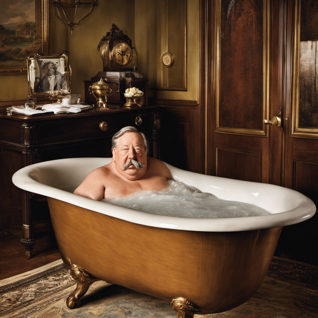 An image showcasing a vintage-style bathtub, slightly overflowing with water, as the weighty figure of President William Howard Taft is comically wedged inside, his facial expression revealing a mix of surprise and embarrassment