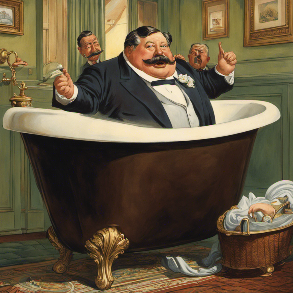 An image capturing the comical mishap of President William Howard Taft getting stuck in a bathtub