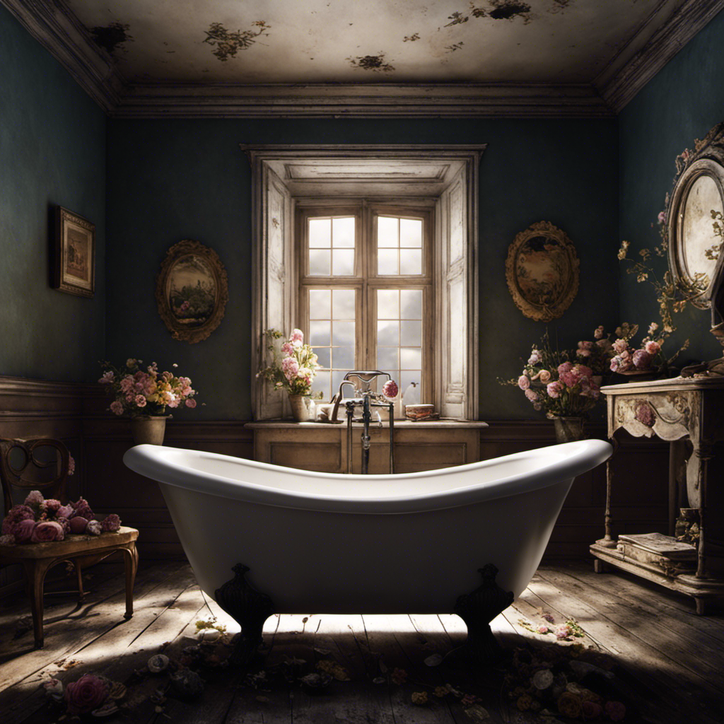 An image capturing the eerie ambiance of the "What Remains of Edith Finch" bathtub scene: a dilapidated bathroom, dimly lit, with a porcelain clawfoot tub filled to the brim, adorned with decaying flowers and surrounded by faded family photographs