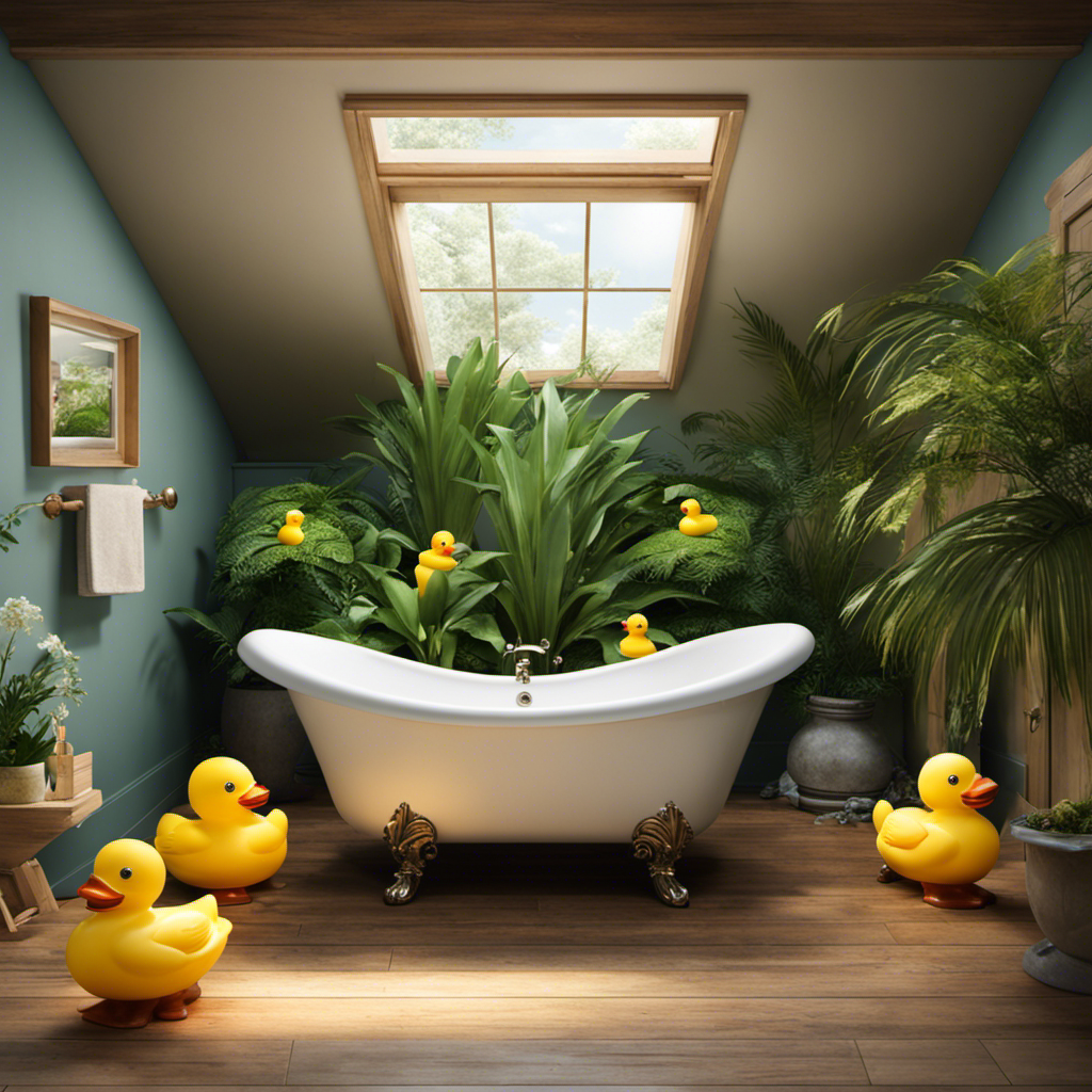 An image showcasing a serene bathroom scene with a clawfoot bathtub positioned beneath a skylight, surrounded by lush green plants and adorned with colorful rubber ducks floating on the water's surface