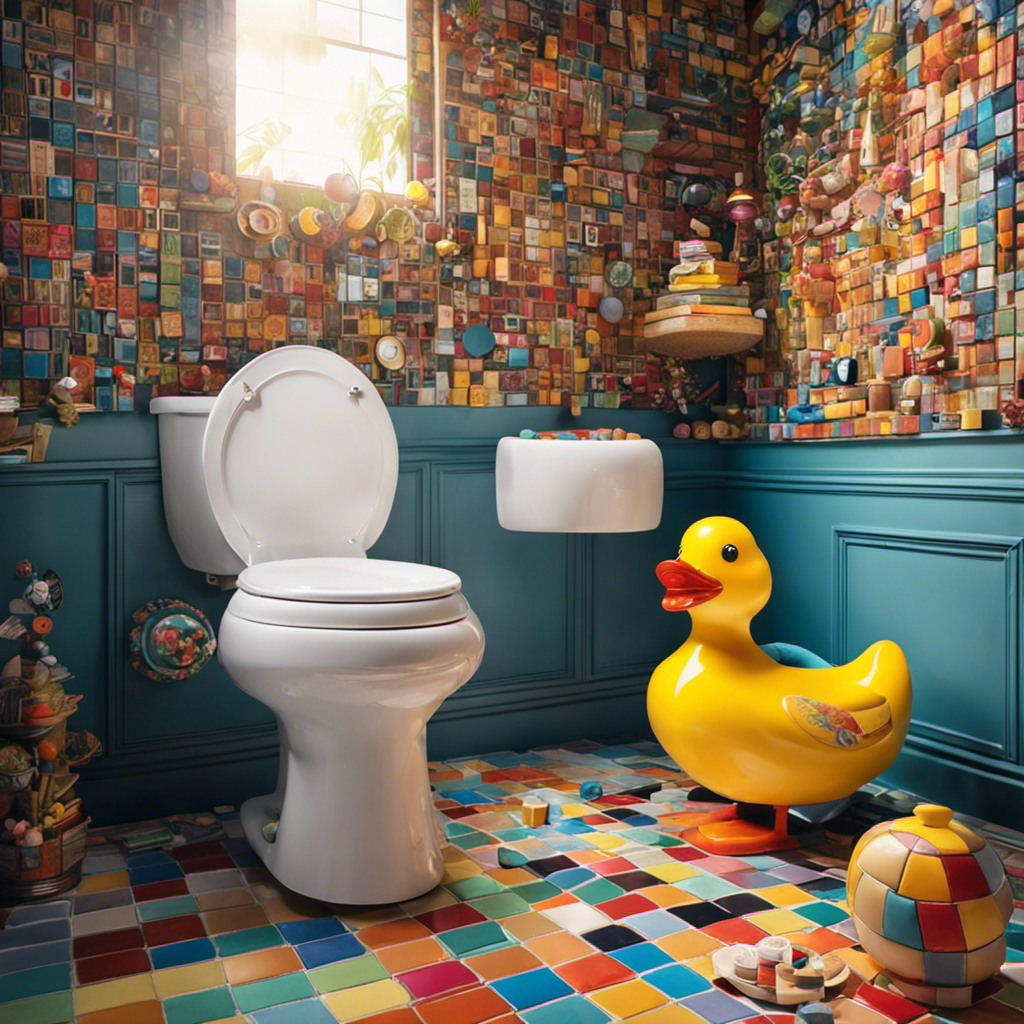 An image of a quirky bathroom scene featuring a colorful mosaic toilet surrounded by whimsical objects, like a dancing rubber duck, a harmonica, and a kazoo, all harmoniously blending together