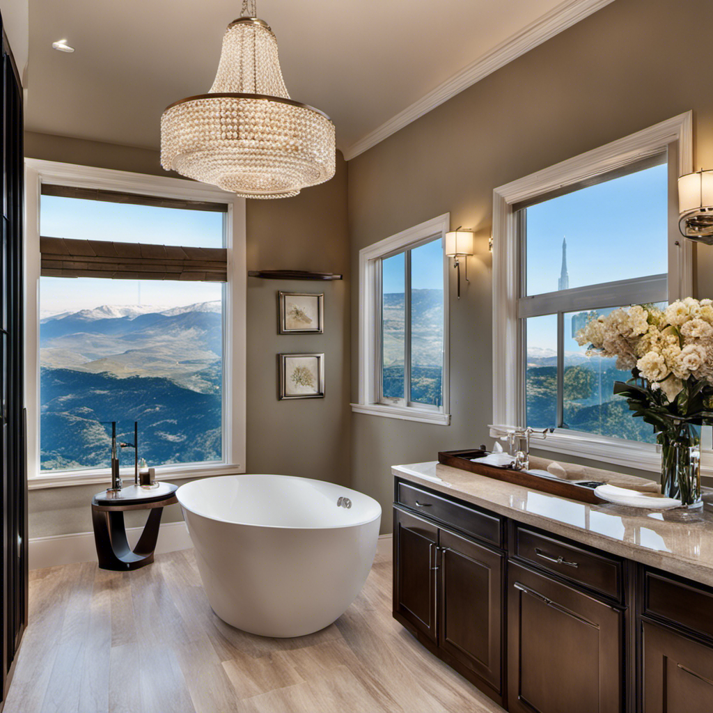 An image showcasing a spacious bathroom with a luxurious bathtub, adorned with sleek fixtures, surrounded by ample floor space for movement, and complemented by a panoramic window offering breathtaking views