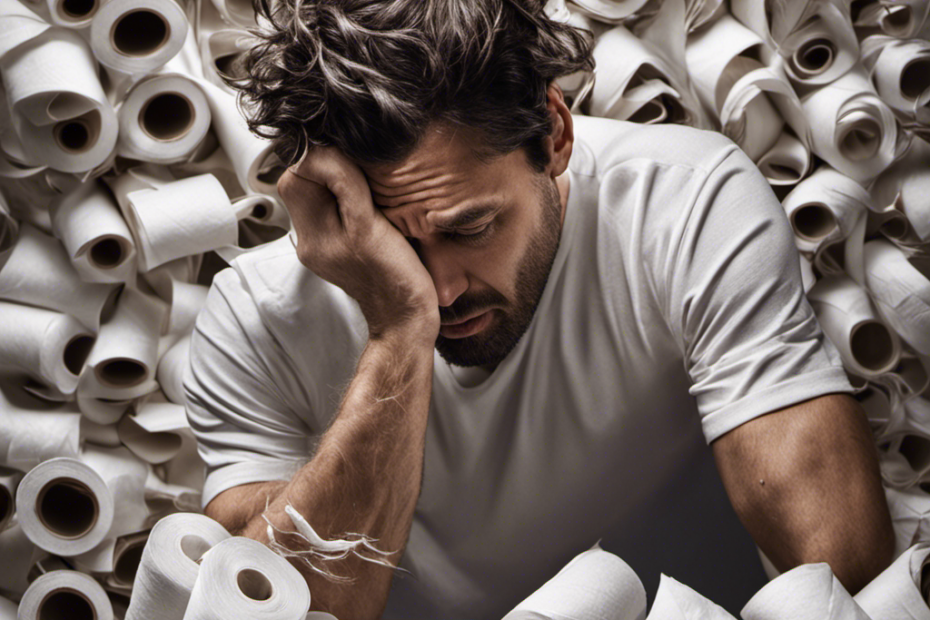 An image showcasing a frustrated person pulling at their hair while surrounded by a tangled mess of thin, scratchy toilet paper rolls, emphasizing the disappointment of the "What the Crap Toilet Paper" review