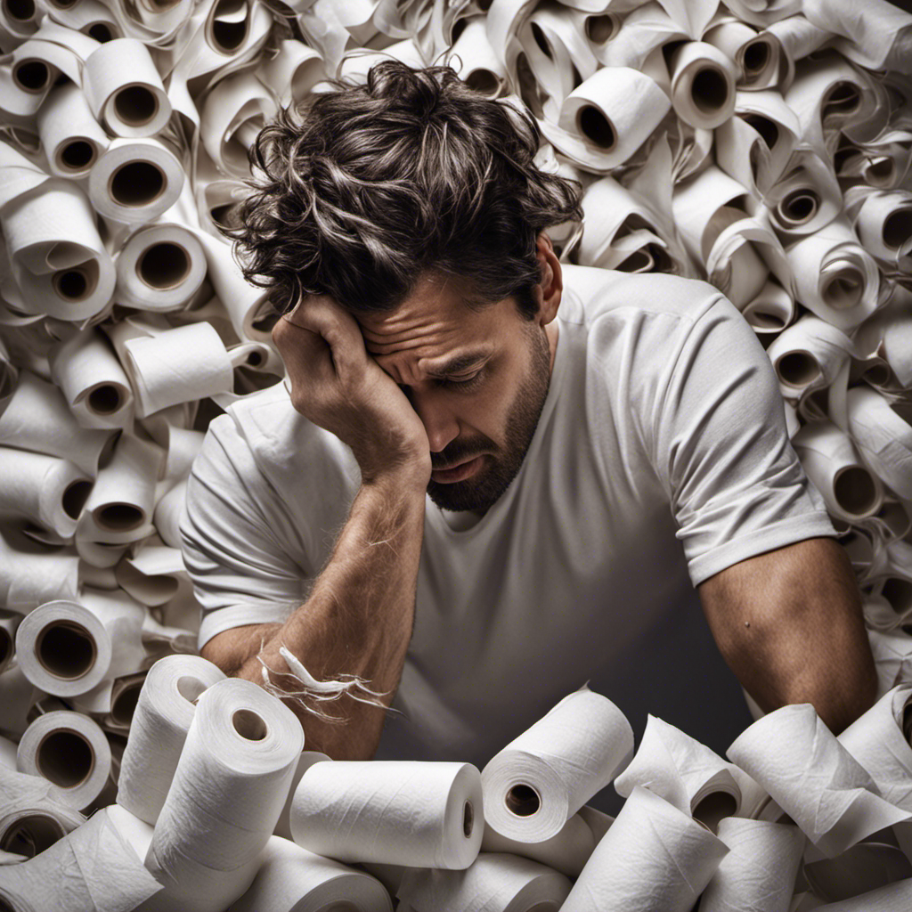 An image showcasing a frustrated person pulling at their hair while surrounded by a tangled mess of thin, scratchy toilet paper rolls, emphasizing the disappointment of the "What the Crap Toilet Paper" review