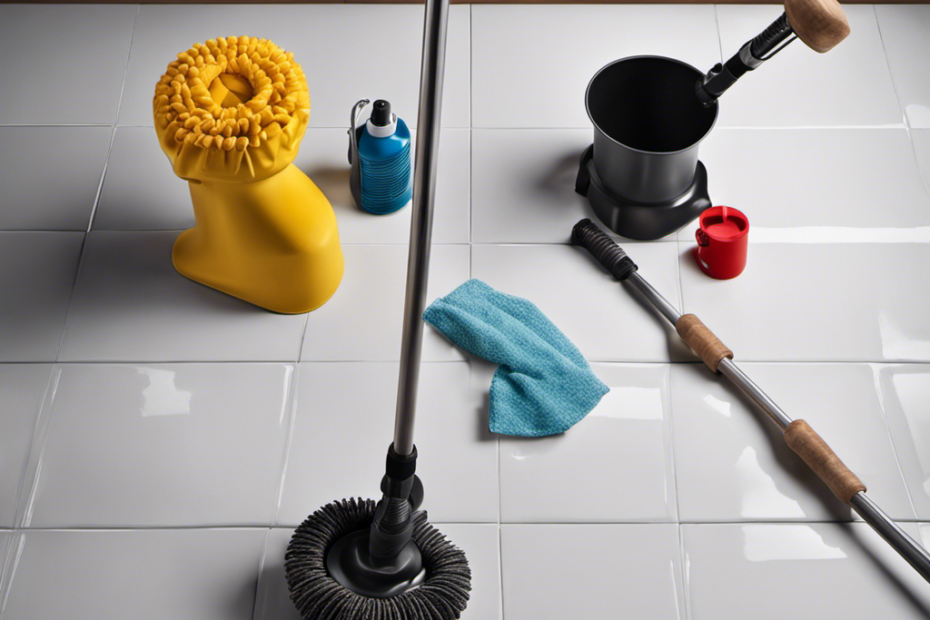 An image that showcases a pair of sturdy rubber gloves, a plunger with a wooden handle, a bottle of powerful drain cleaner, and a toilet auger with a coiled metal wire, all arranged neatly on a clean tiled floor