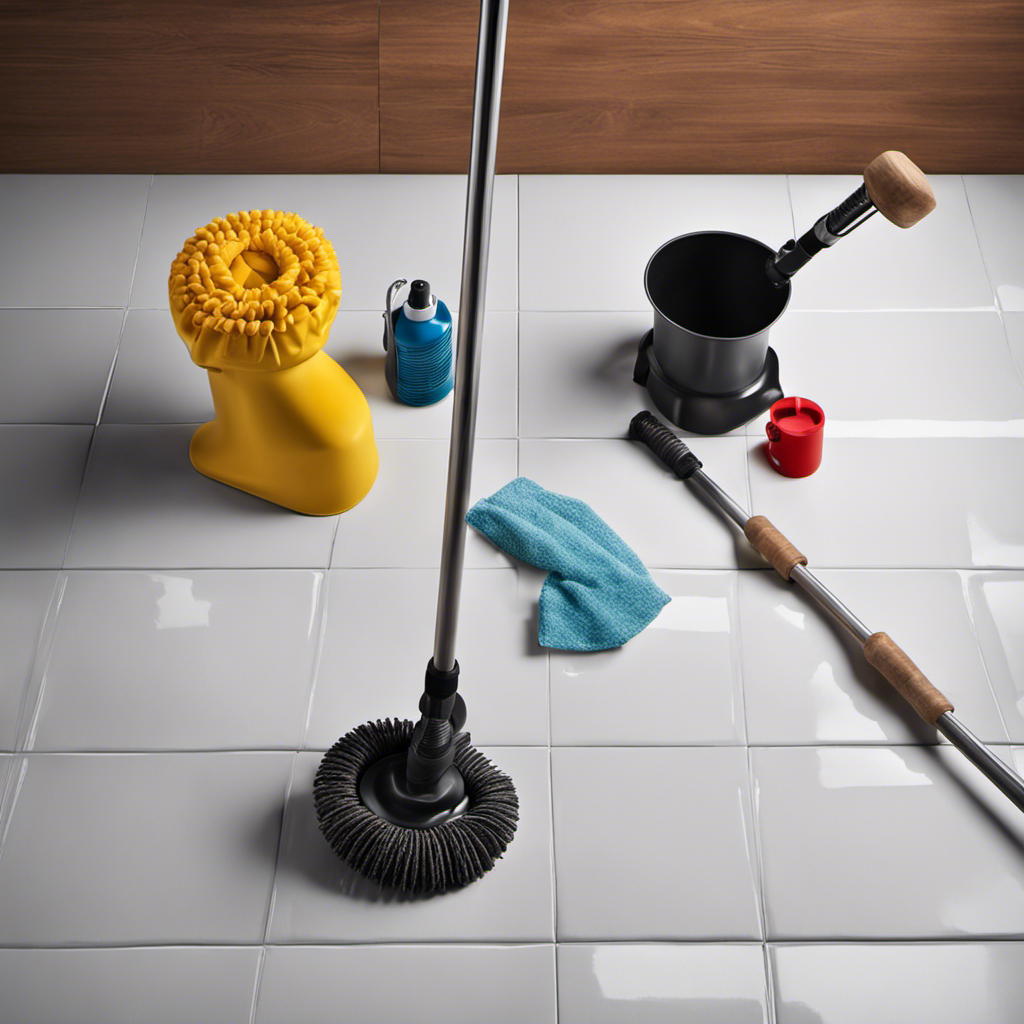 An image that showcases a pair of sturdy rubber gloves, a plunger with a wooden handle, a bottle of powerful drain cleaner, and a toilet auger with a coiled metal wire, all arranged neatly on a clean tiled floor