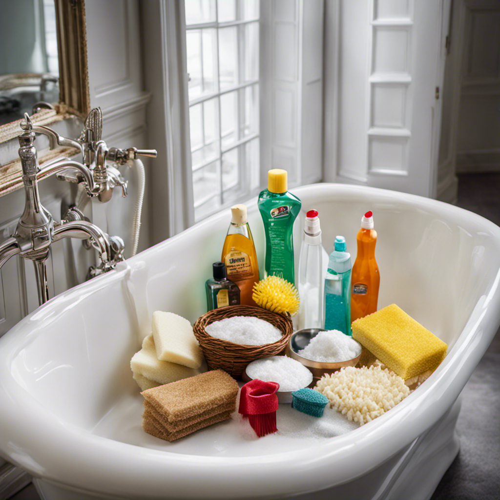 An image showcasing a sparkling white bathtub, surrounded by an array of cleaning supplies: a bottle of vinegar, a box of baking soda, a scrub brush, a sponge, and a pair of rubber gloves