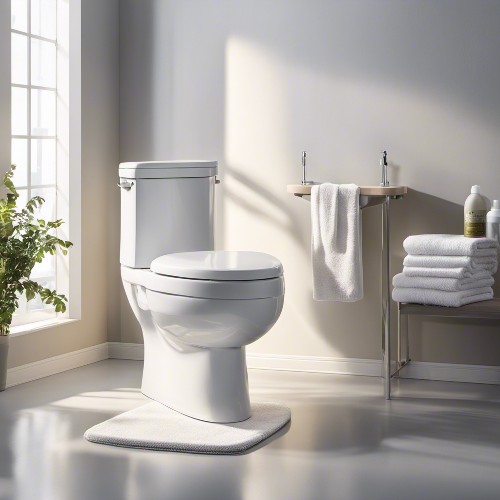 An image depicting a sparkling white toilet seat being wiped clean with a disinfectant-soaked microfiber cloth, showcasing a bottle of cleaning solution nearby, while rays of sunlight illuminate the pristine bathroom
